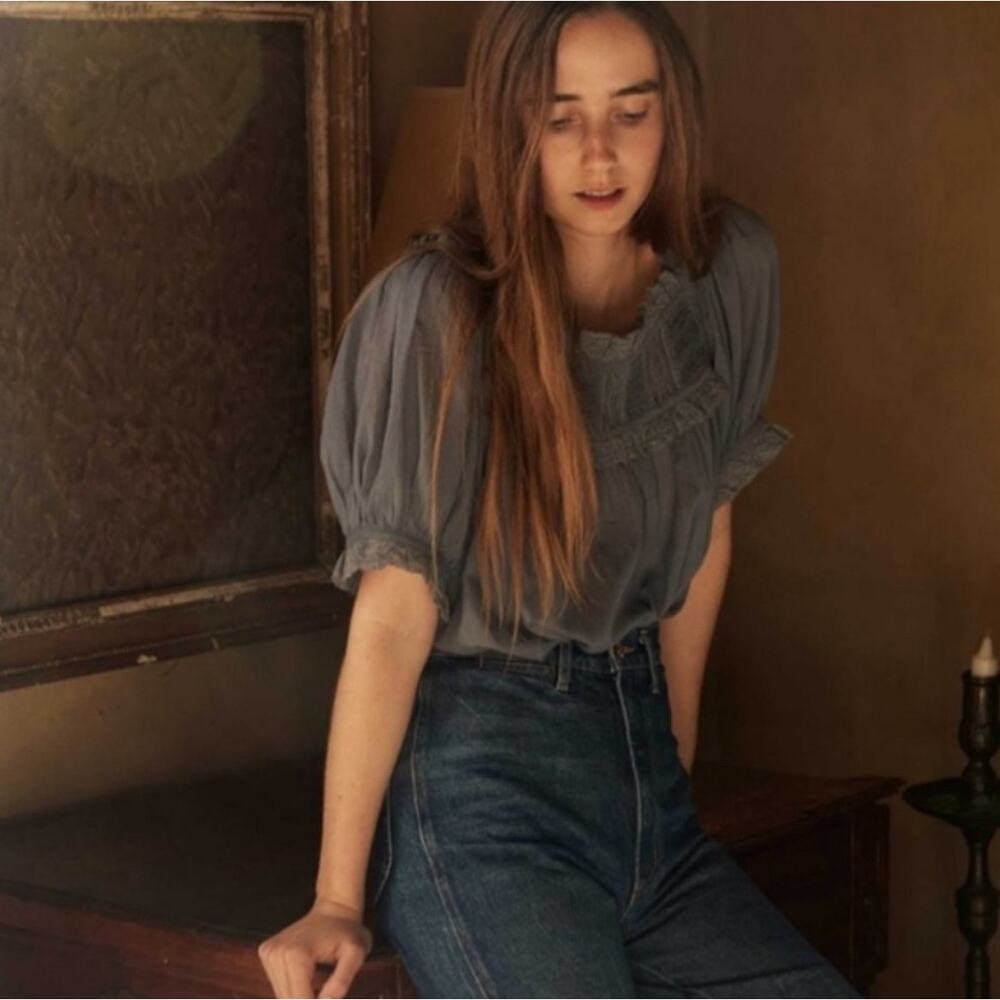Doen Blue Puff Sleeve Ruffled Blouse